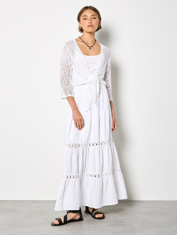 Mesh Popcorn Knit Shrug, White, large