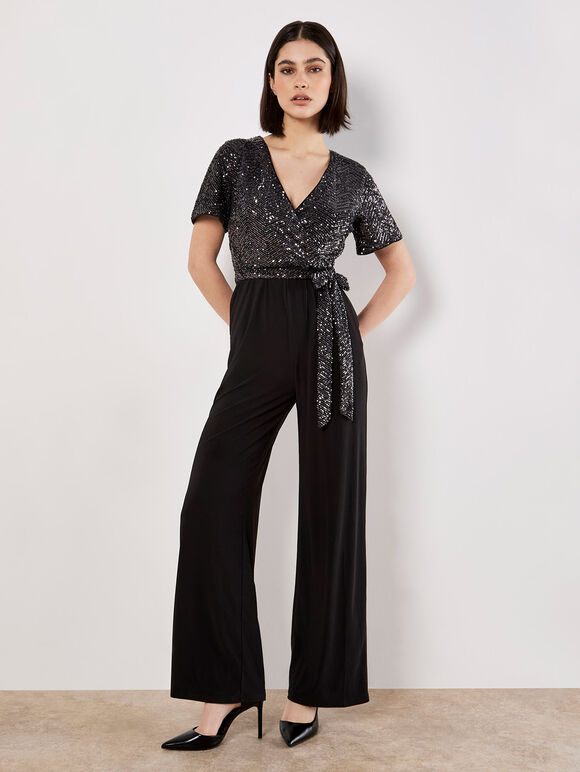 Chevron Sequin Wide Leg Jumpsuit, Dark Grey - Charcoal, large