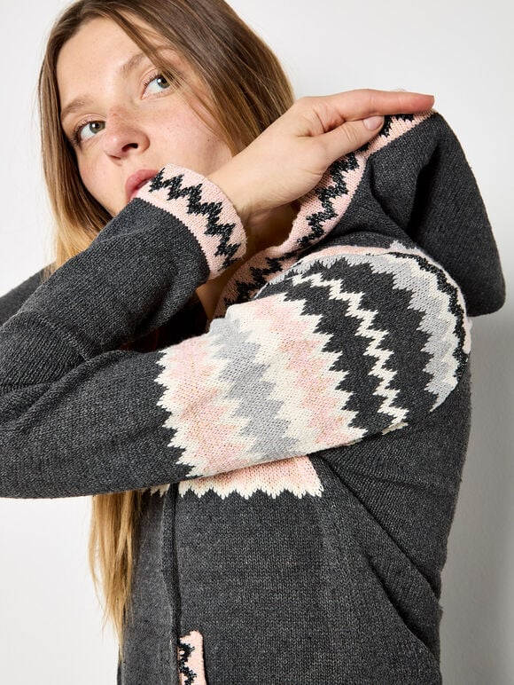 Chevron Sparkle Hooded Jumper, Dark Grey - Charcoal, large