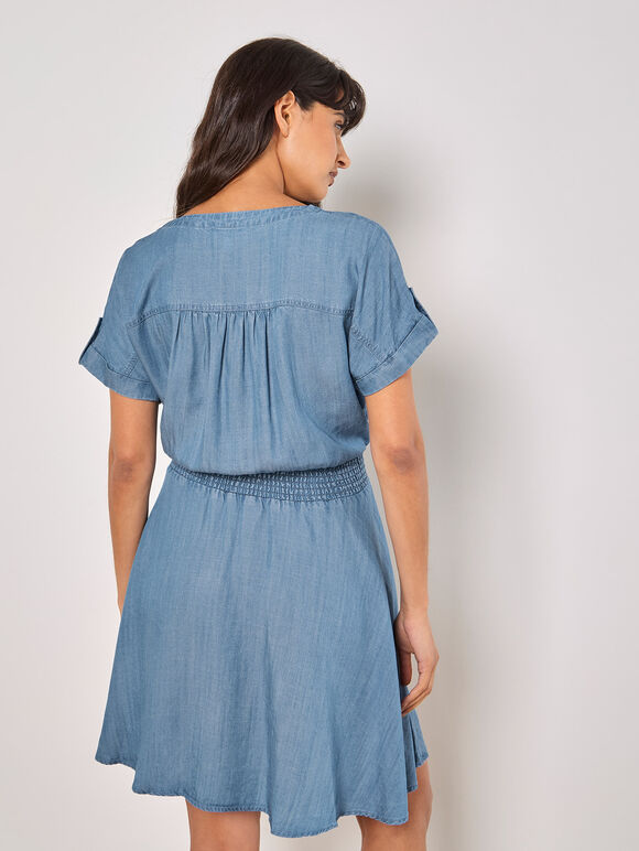 Denim Smocked Mini Dress, Blue, large