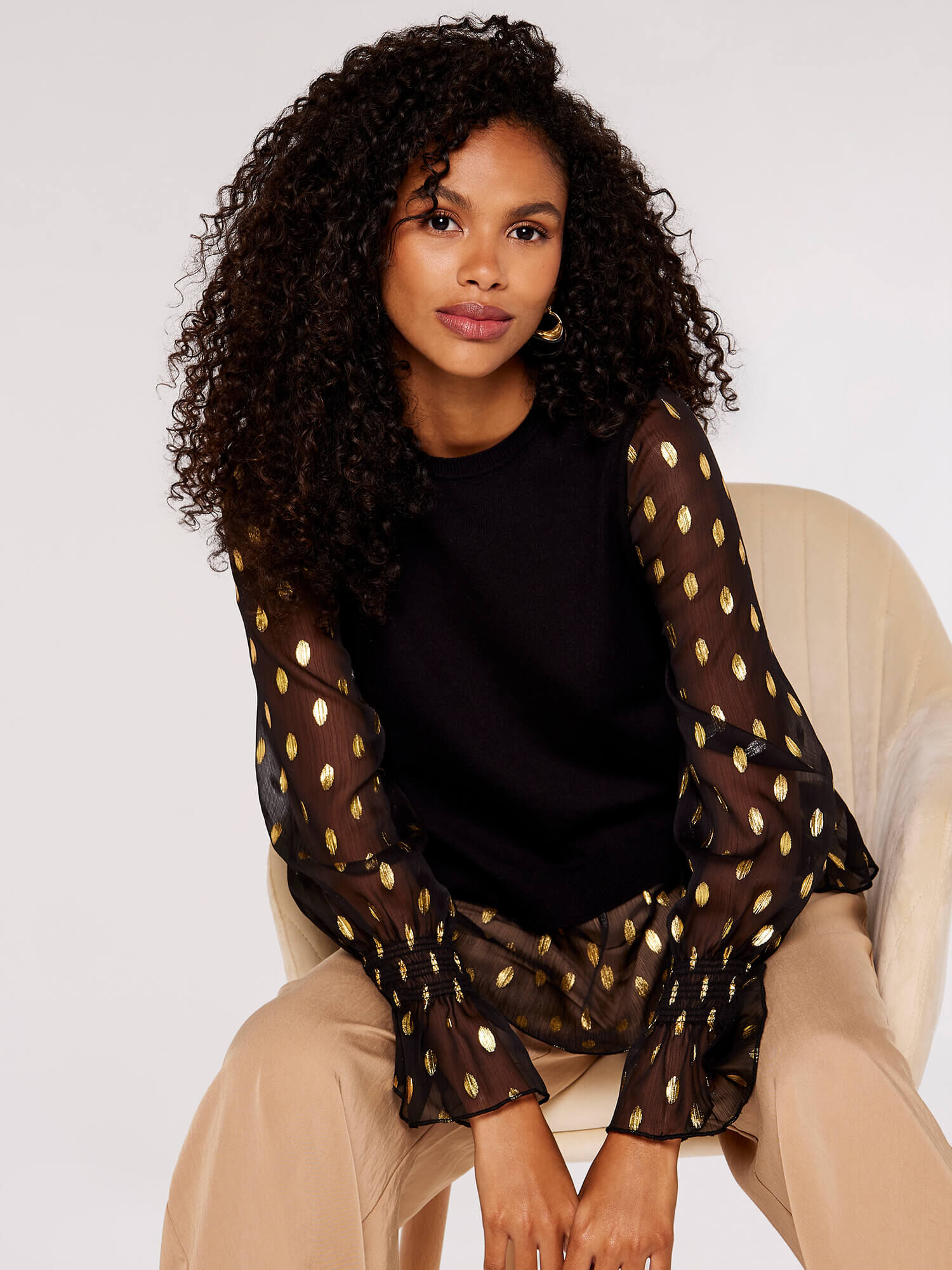 Gold Foil Detail Contrast Jumper Apricot Clothing