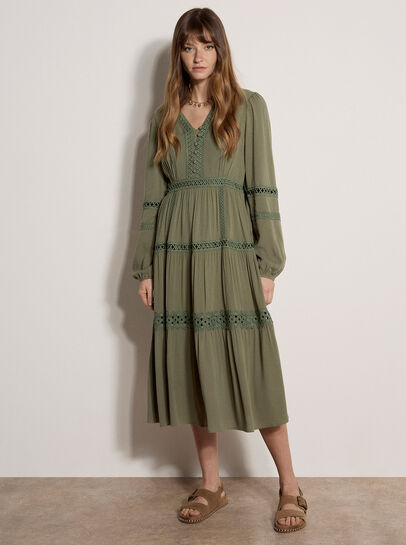 Lace Trim Tiered Midi Dress