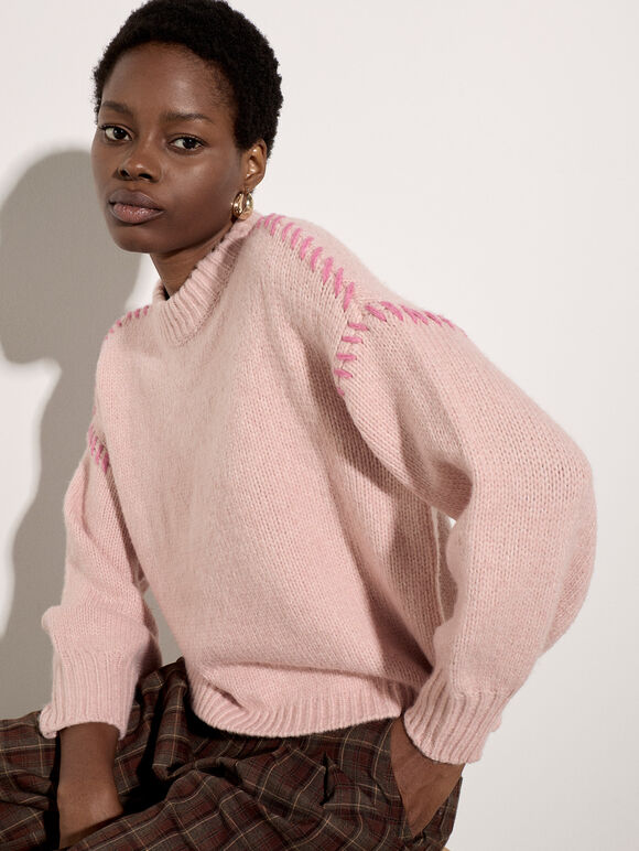 Blanket Stitch Chunky Knit Jumper, Pink, large