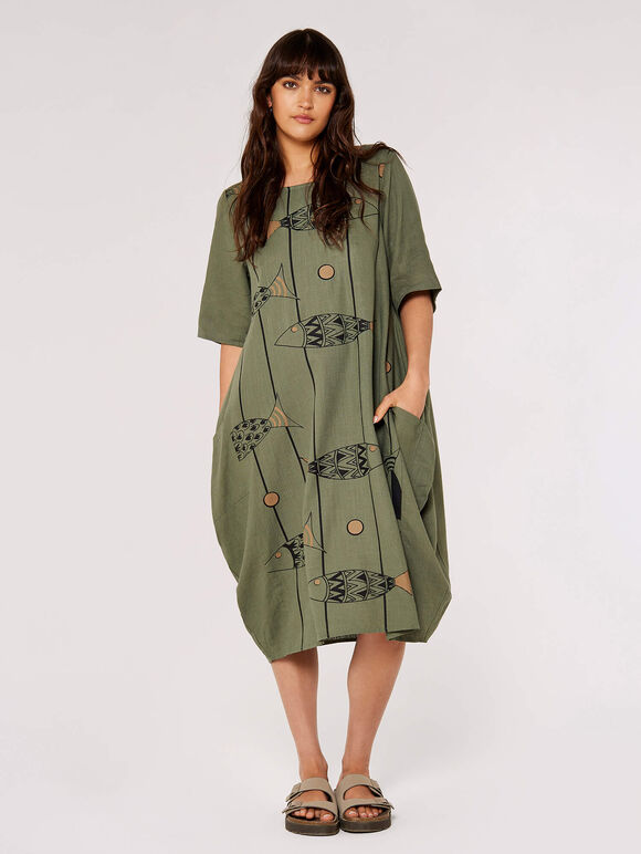 Printed Cocoon Midi Dress, Khaki, large