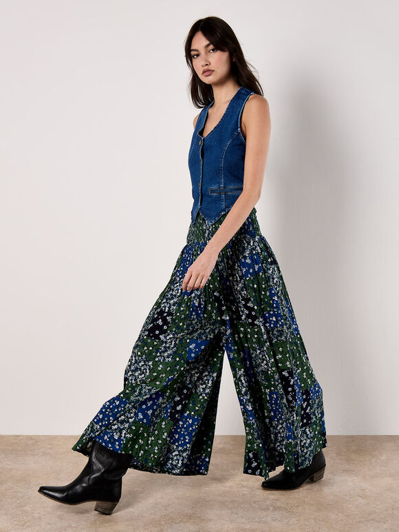 Floral Patchwork Crinkle Wide-Leg Trousers, Navy, large