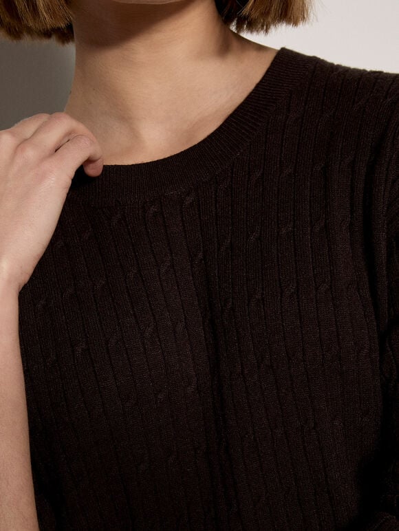 Fine Knit Cable Jumper, Brown, large