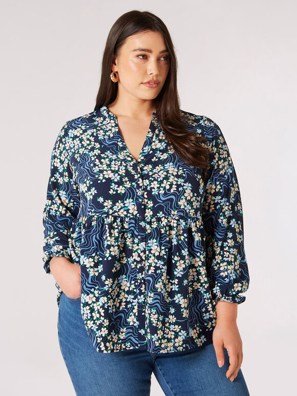 Curve Bluse mit Blumenwirbel, Marineblau, Größe L