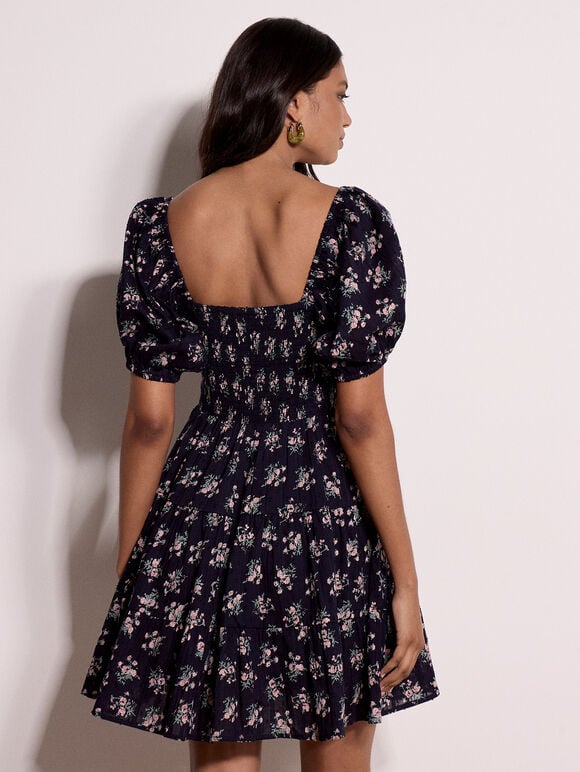 Cotton Dobby Floral Mini Dress, Navy, large