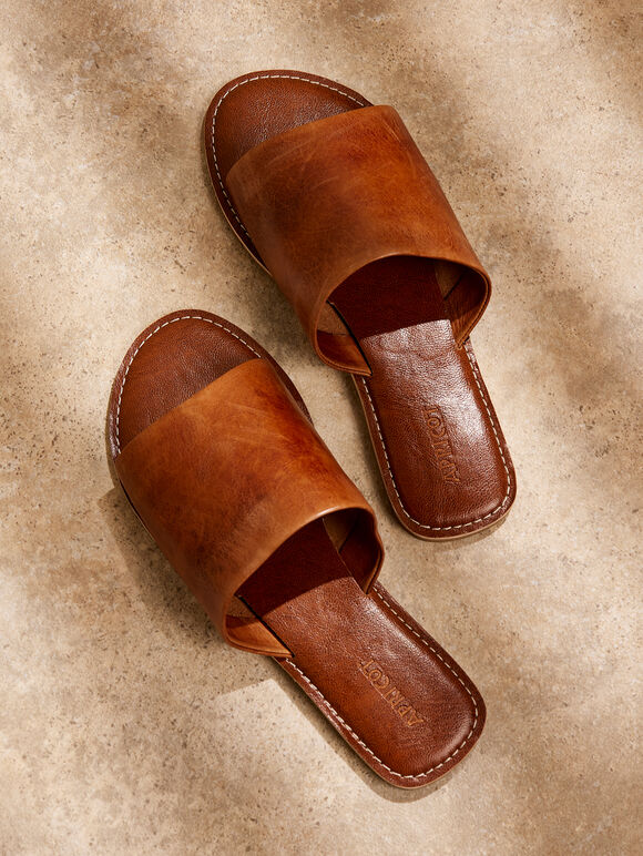 Mules en cuir souple, marron, grande