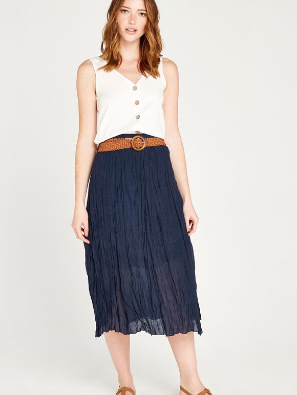 Shimmer Crinkle Midi Skirt, Navy, large
