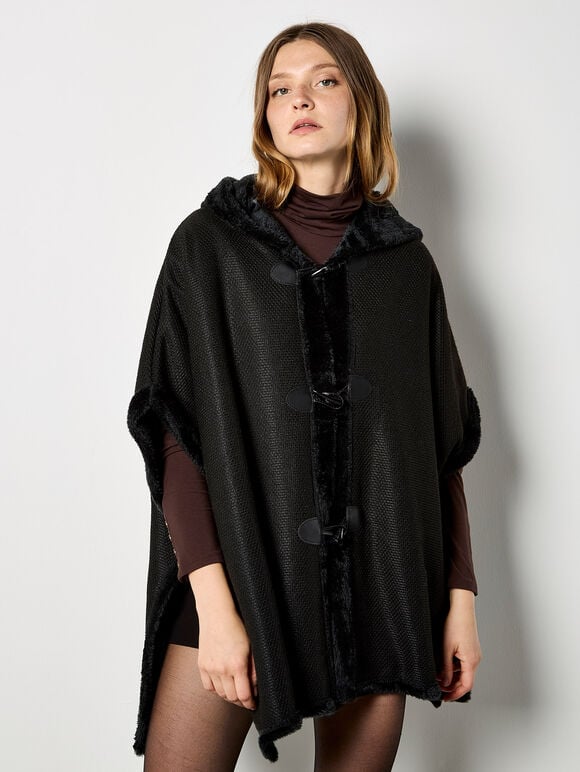 Hooded Faux Fur Cape, Black, large