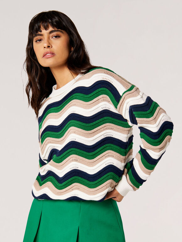 Wavy Stripe Knitted Jumper, Green, large