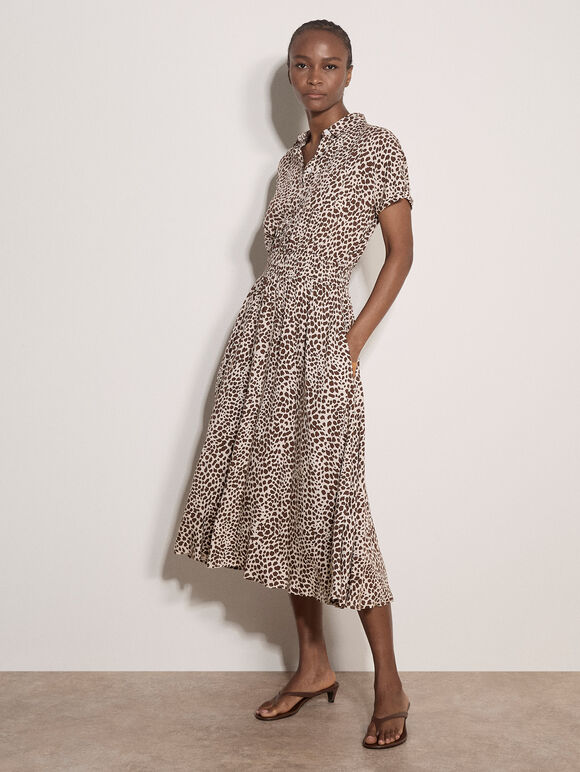 Animal Spot Print Shirt Midi Dress, Brown, large