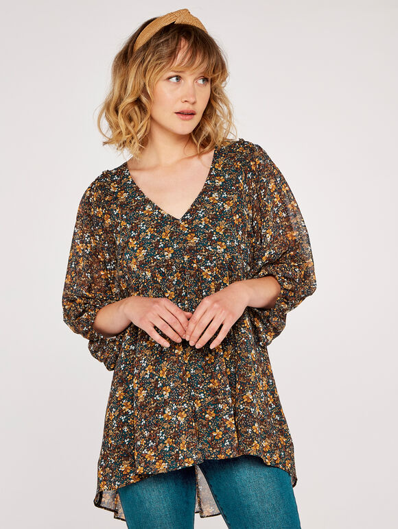 Ditsy Puff Sleeve Top, Green, large