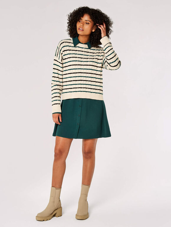 Plaited Knit Stripe Jumper, Stone, large