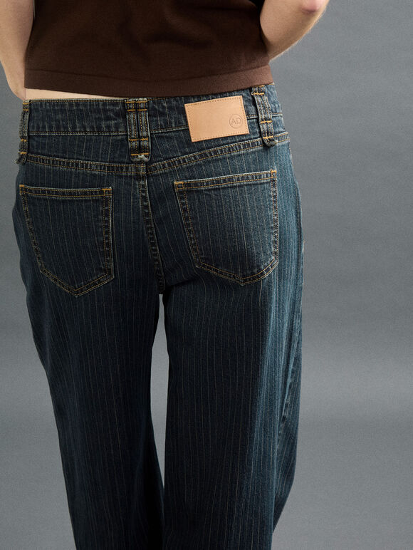 Pinstripe Wide-Leg Denim Jeans, Navy, large