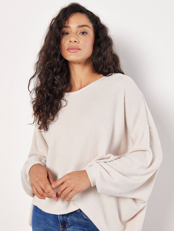 Soft-Touch Oversized Waffle Knit Top, Stone, large