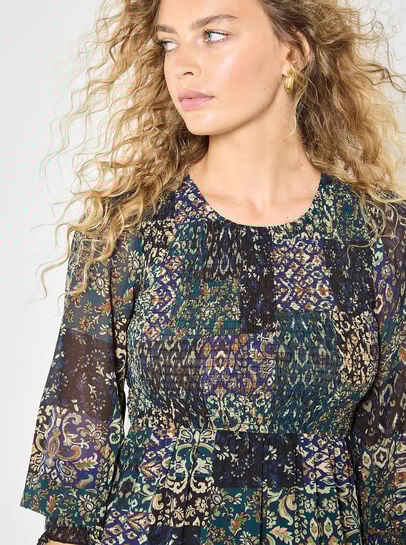 Ikat Patchwork Smocked Chiffon Midi Dress