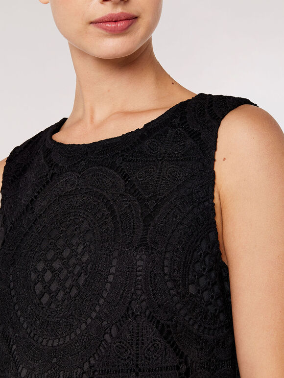 Lace Sleeveless Scallop Top, Black, large