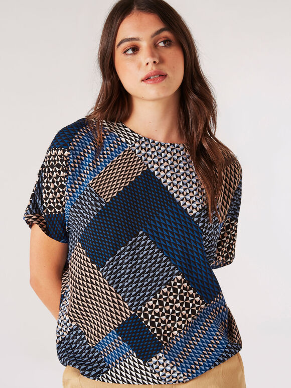 T-shirt texturé patchwork géométrique, bleu marine, grand
