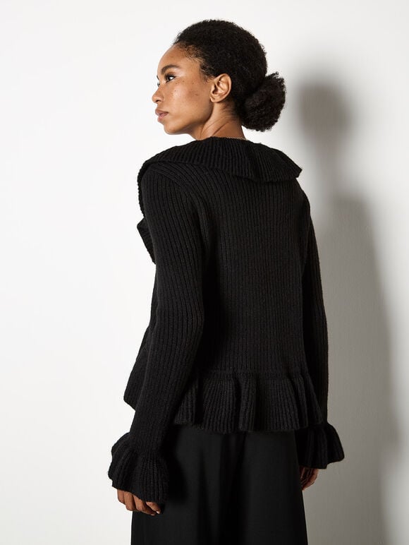 Ruffle Ribbed Knit Cardigan, Black, large