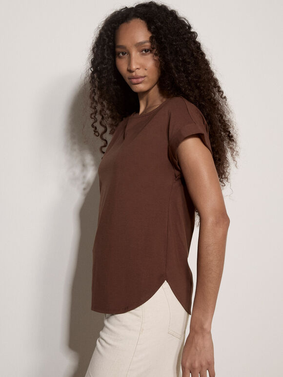 Turn-Up Sleeves Jersey T-Shirt, Brown, large