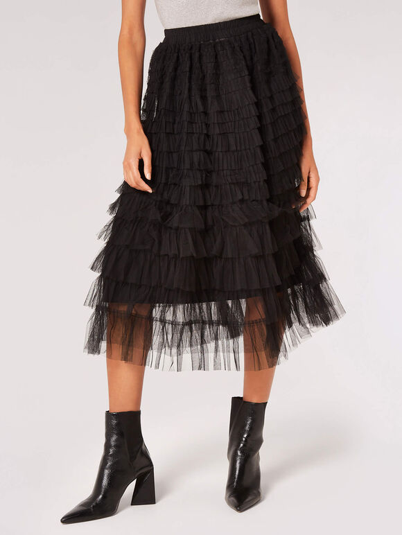 Tulle Layered Midi Skirt, Black, large