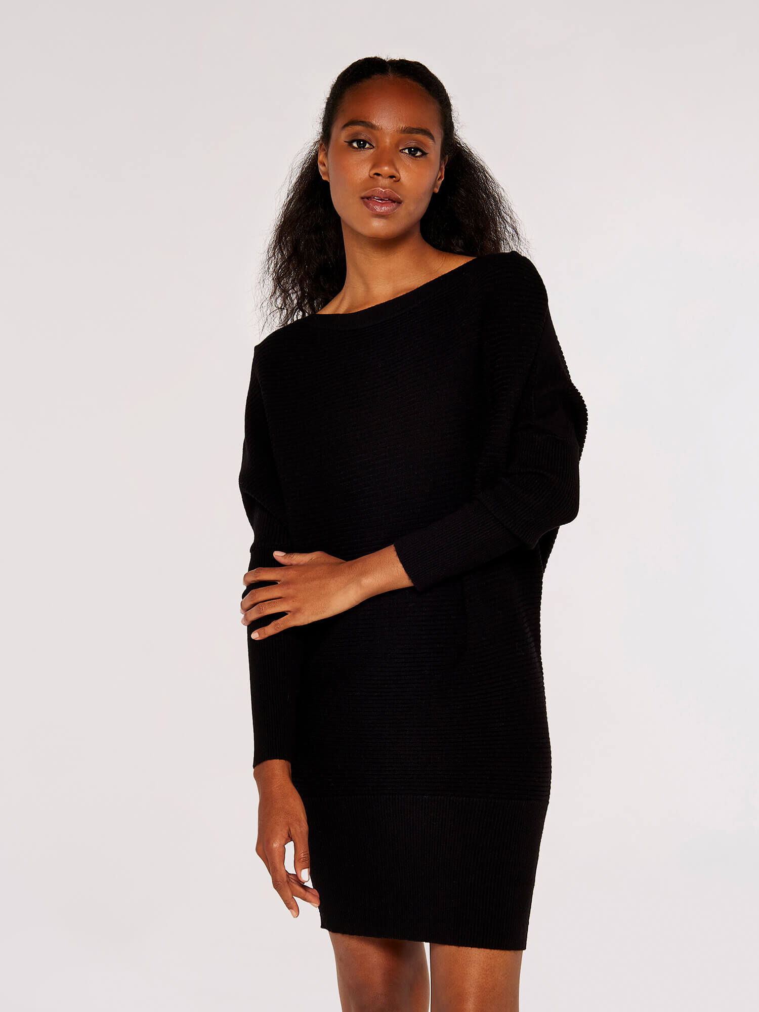 Ribbed Batwing Jumper Mini Dress Apricot Clothing