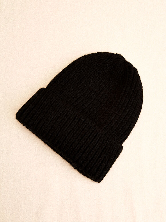 Classic Ribbed Knit Beanie Hat, Black, large
