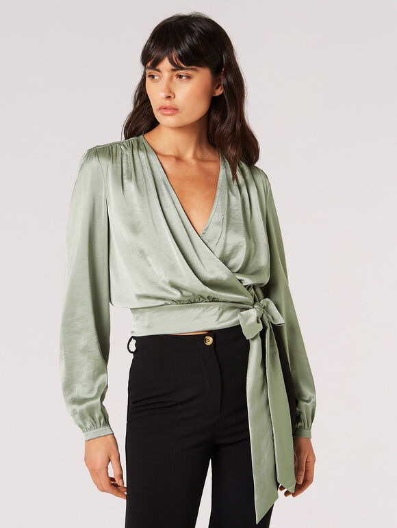 Soft Satin Wrap Top , Mint, large