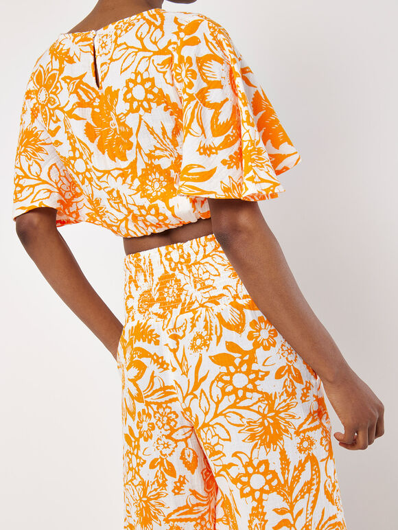 Cotton Floral Print Palazzo Trousers, Orange, large