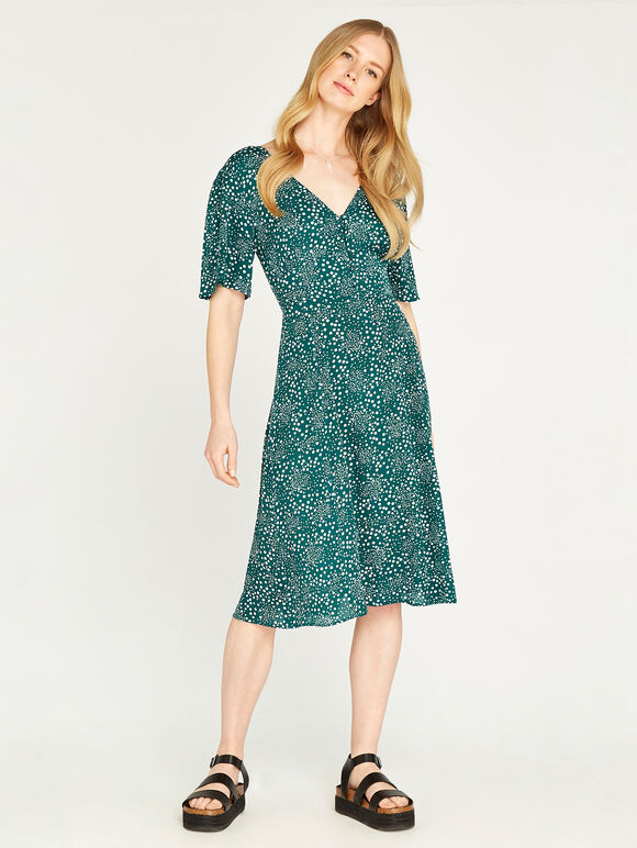 Button Front Polka Dot Tea Dress, Green, large
