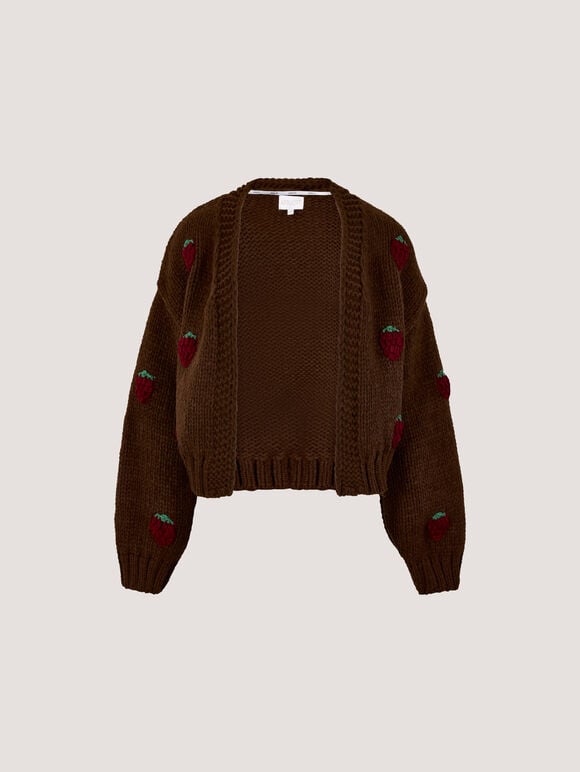 Chunky Knit Strawberry Cardigan, Brown, large
