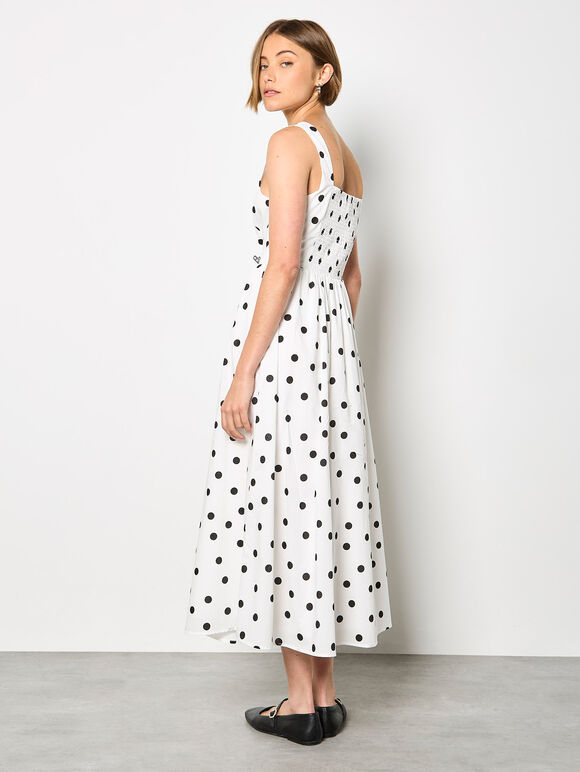 Polka Dot Smocked Midi Dress, White, large