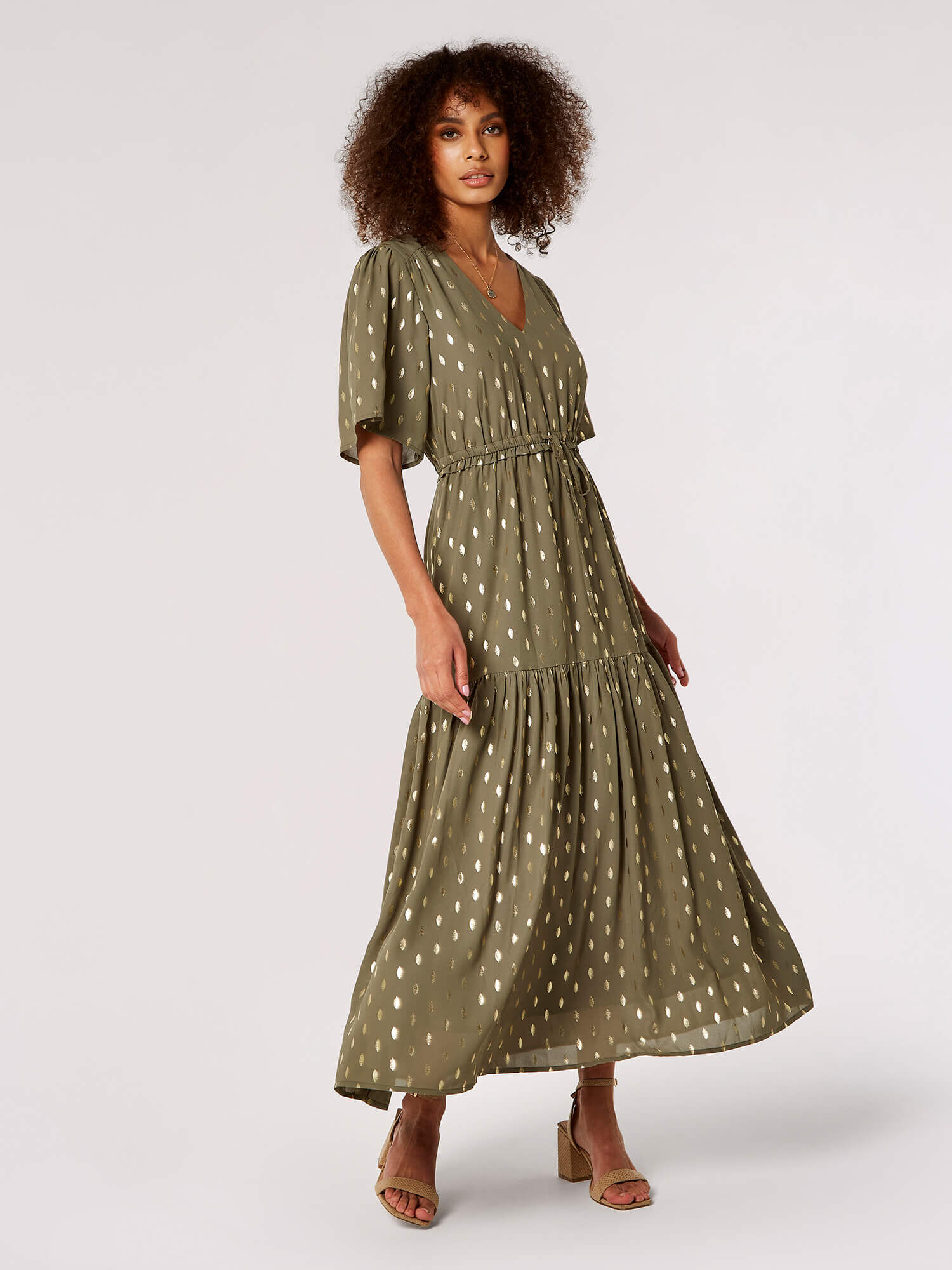 Gold Foil Tier Maxi Dress Apricot Clothing