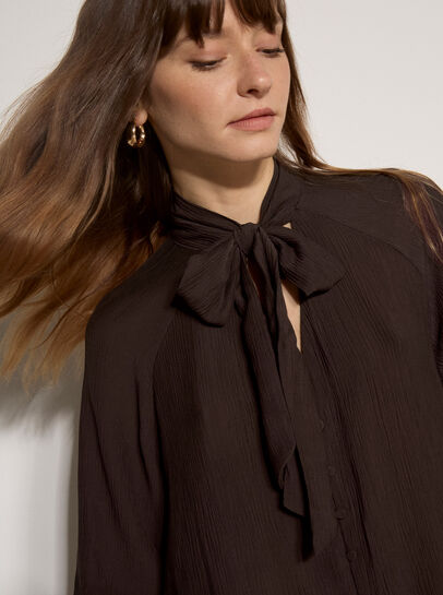 Crinkle Textured Bow Neck Blouse