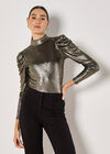 Metallic Foil Ruched Shoulder Top, Yellow, large