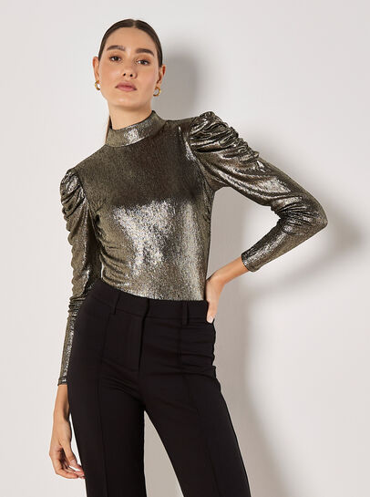 Metallic Foil Ruched Shoulder Top