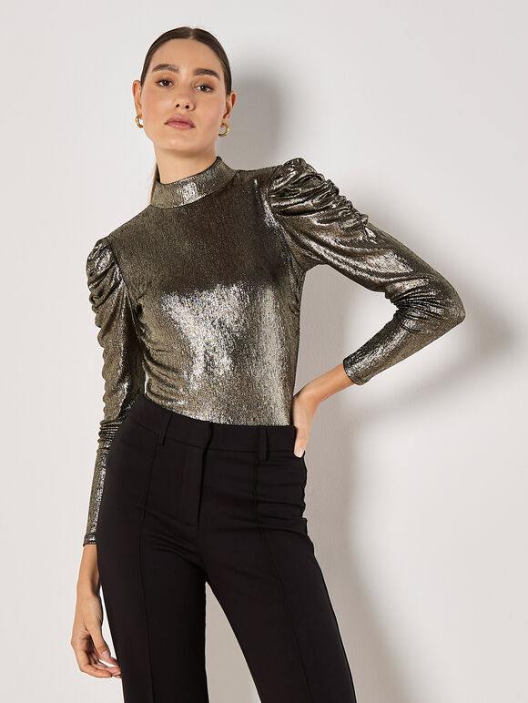 Metallic Foil Ruched Shoulder Top, Yellow, large