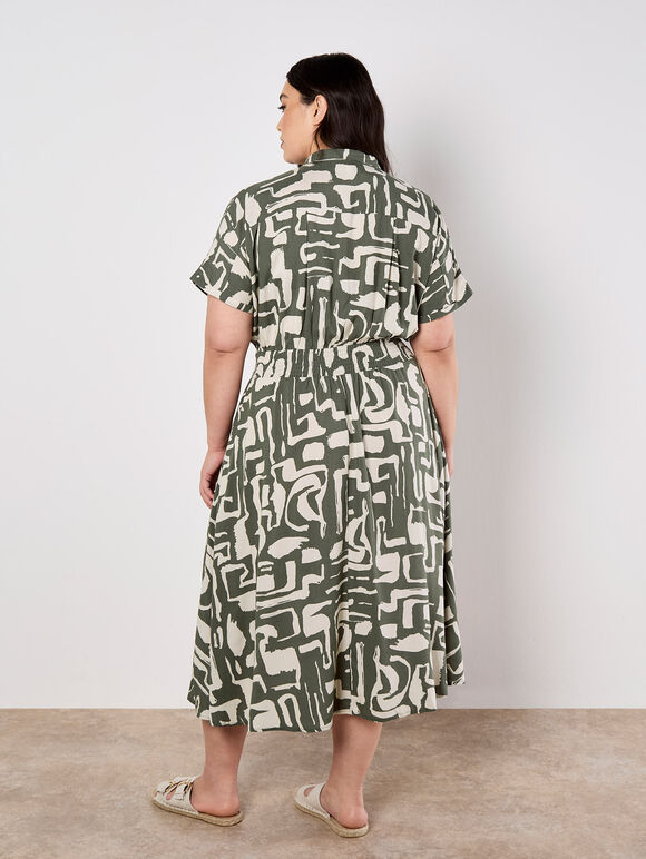 Geo Grecian Shirt Midi Dress, Khaki, large