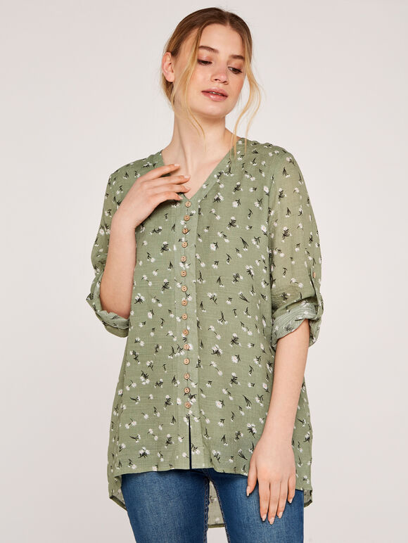 Daisy Print Button Top, Green, large