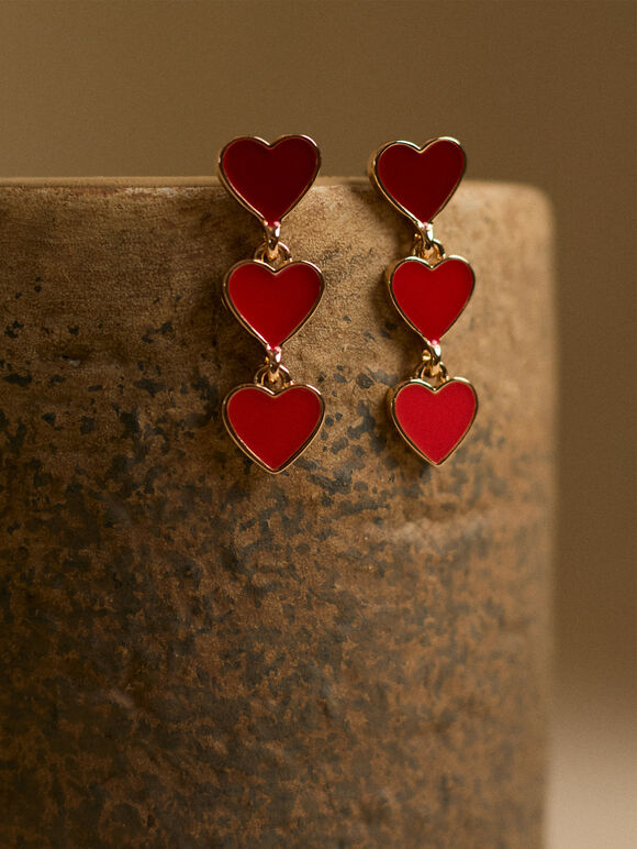 Gold Tone Heart Drop Earrings, Red, large