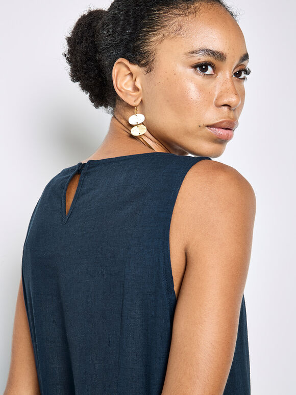 Pleat Detail Trapeze Midi Dress, Navy, large