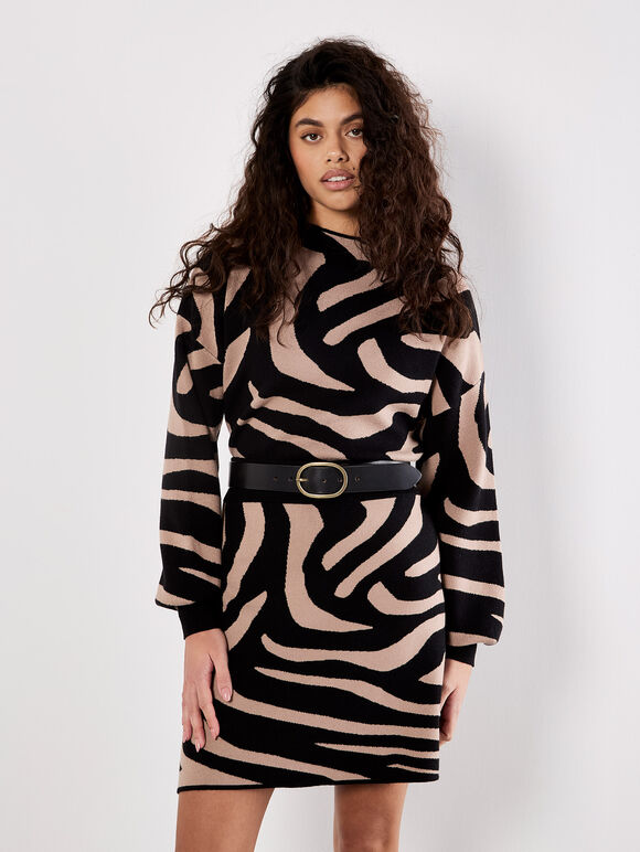 Zebra Knitted A-Line Skirt, Black, large