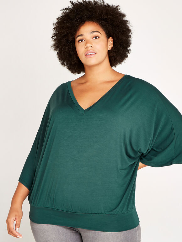 V-Neck Gathered Waistband Top+, Green, large