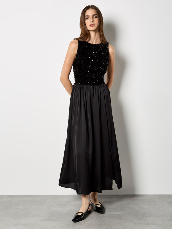 Velvet Sequin Bodice Midi Dress, Black, large
