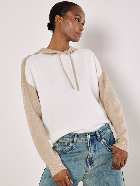 Colour Block Knitted Hoodie, Cream, large