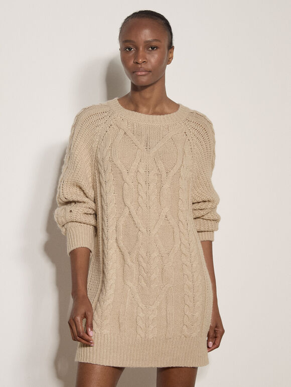 Cable Knit Jumper Mini Dress, Stone, large