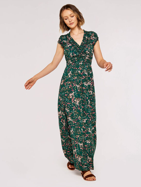 Ditsy Botanical Floral Maxi Dress, Green, large