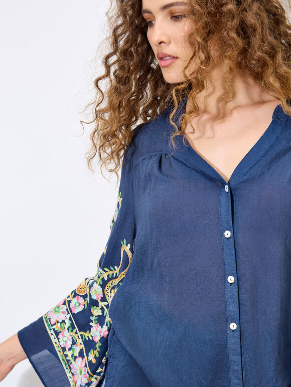 Paisley Embroidered Bell Sleeve Blouse, Navy, large